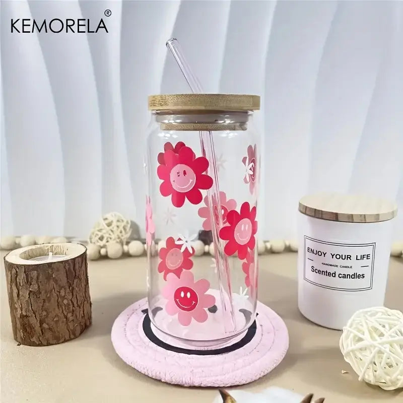 470ml pink smiling flower glass tumbler with bamboo lid kitchen glass