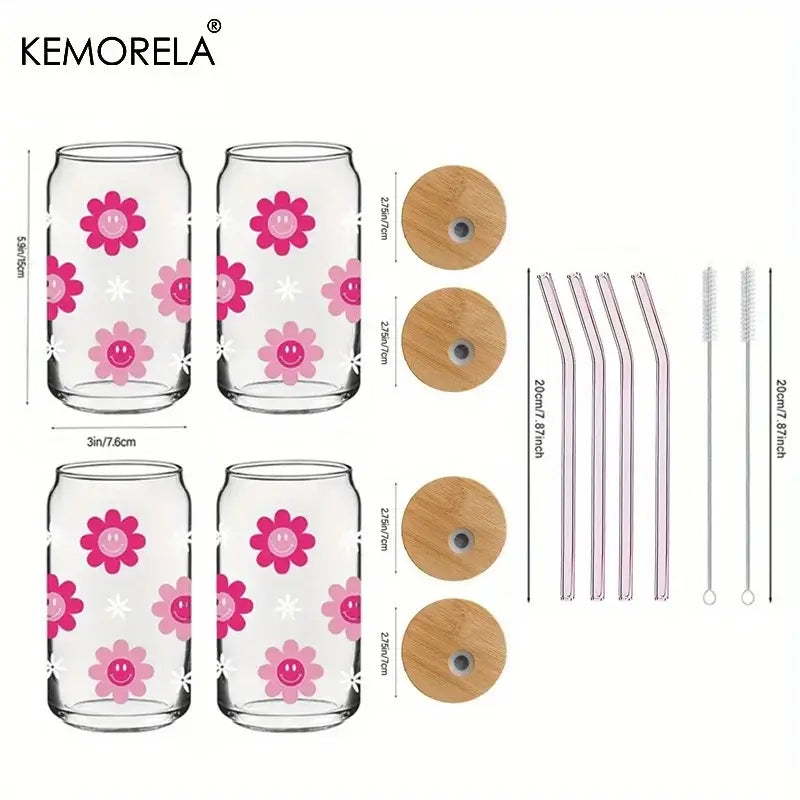 470ml pink smiling flower glass tumbler with bamboo lid kitchen glass