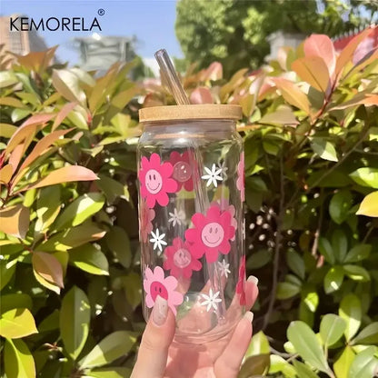 470ml pink smiling flower glass tumbler with bamboo lid kitchen glass