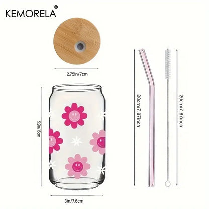 470ml pink smiling flower glass tumbler with bamboo lid kitchen glass