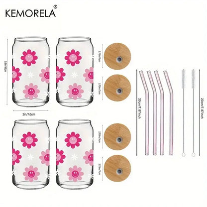 470ml pink smiling flower glass tumbler with bamboo lid kitchen glass