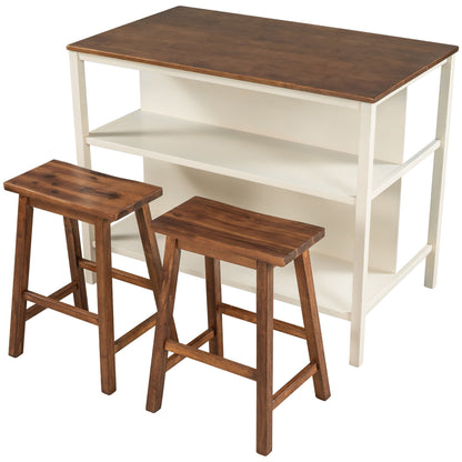 Rustic 3 Piece Stationary Kitchen Island Set With 2 Seatings, With 2 Open Shelves
