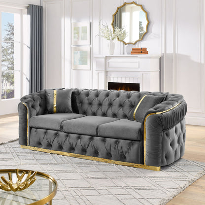 Button Tufted Couch With 2 Pillows, 3 Seater Luxury Chesterfield Sofa