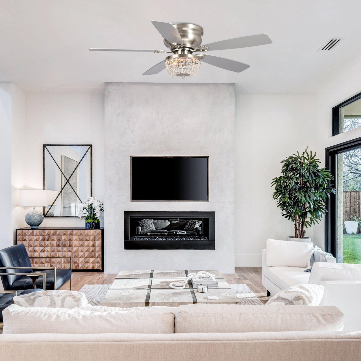 48" Modern Flush Mount Reversible Crytsal Ceiling Fan with Lighting and Remote Control