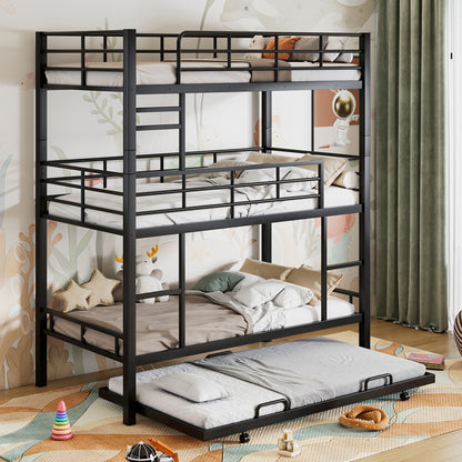 Triple Bunk Bed With Trundle, Heavy Duty Steel Construction