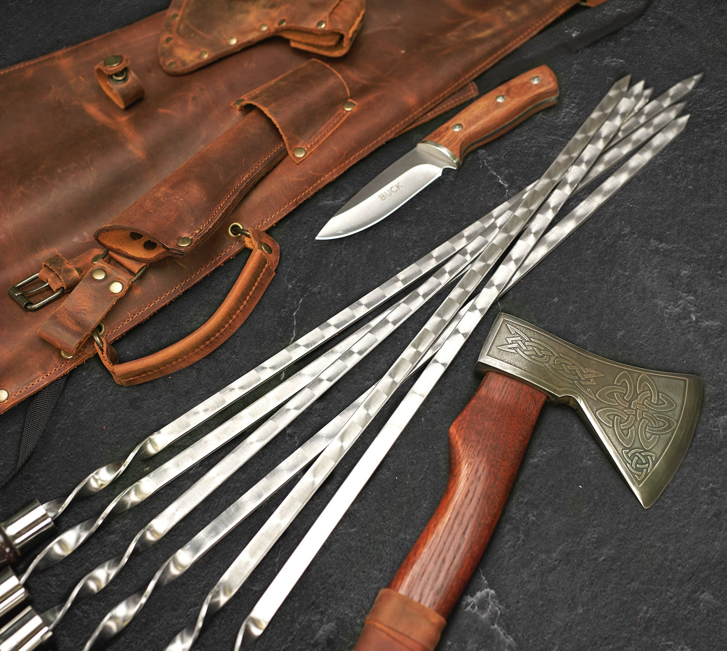 "Chieftain" Camping Accessories BBQ Skewers Set  in a Leather Case, 9 items