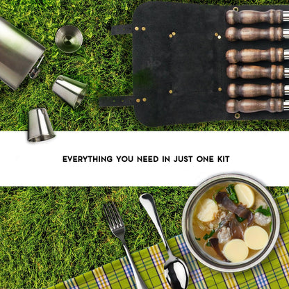 “The Traveler" Camping Accessories BBQ Skewers Set in a Leather Case , 35 items