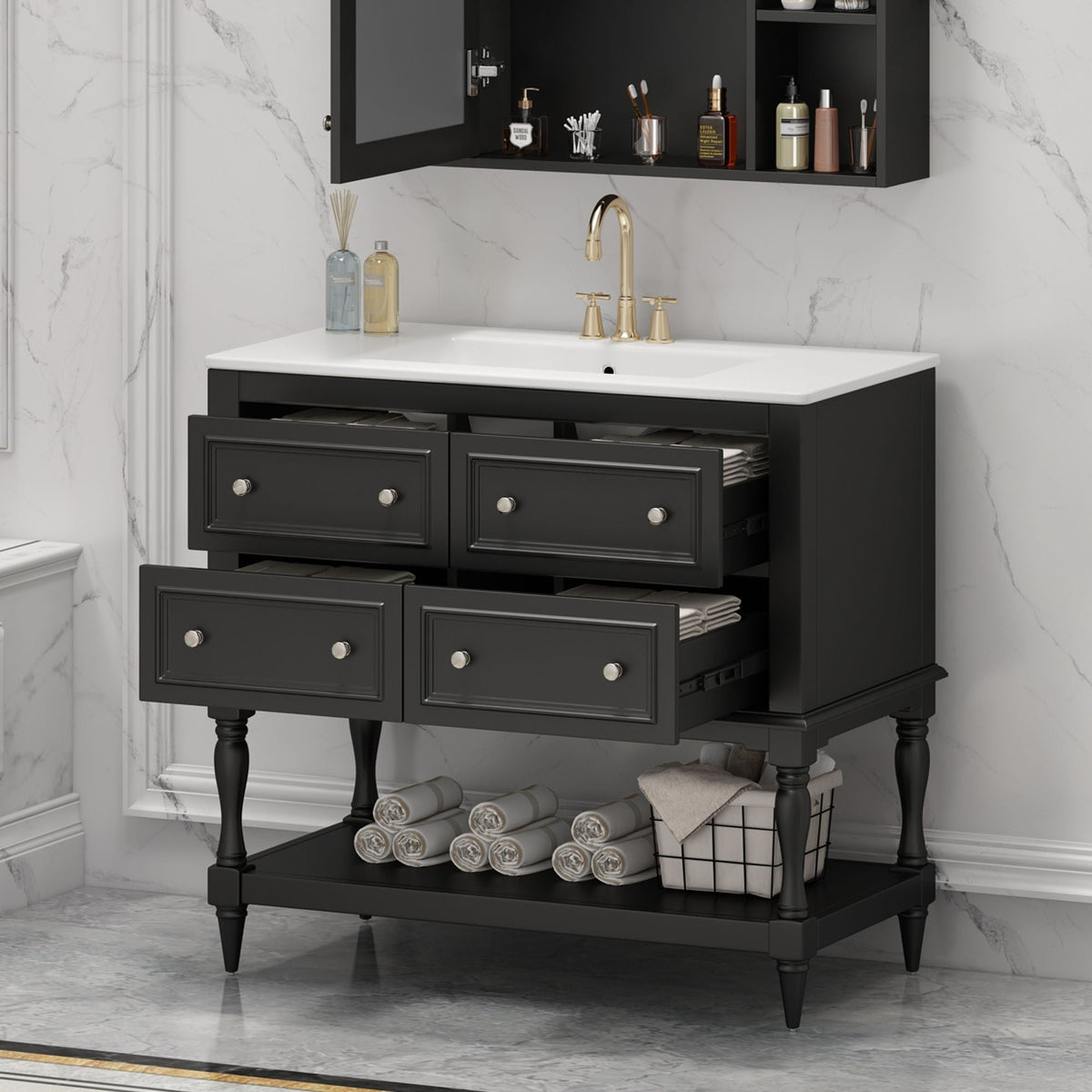 Bathroom Vanity Cabinet With Undermount Sink, 4 Drawer Set