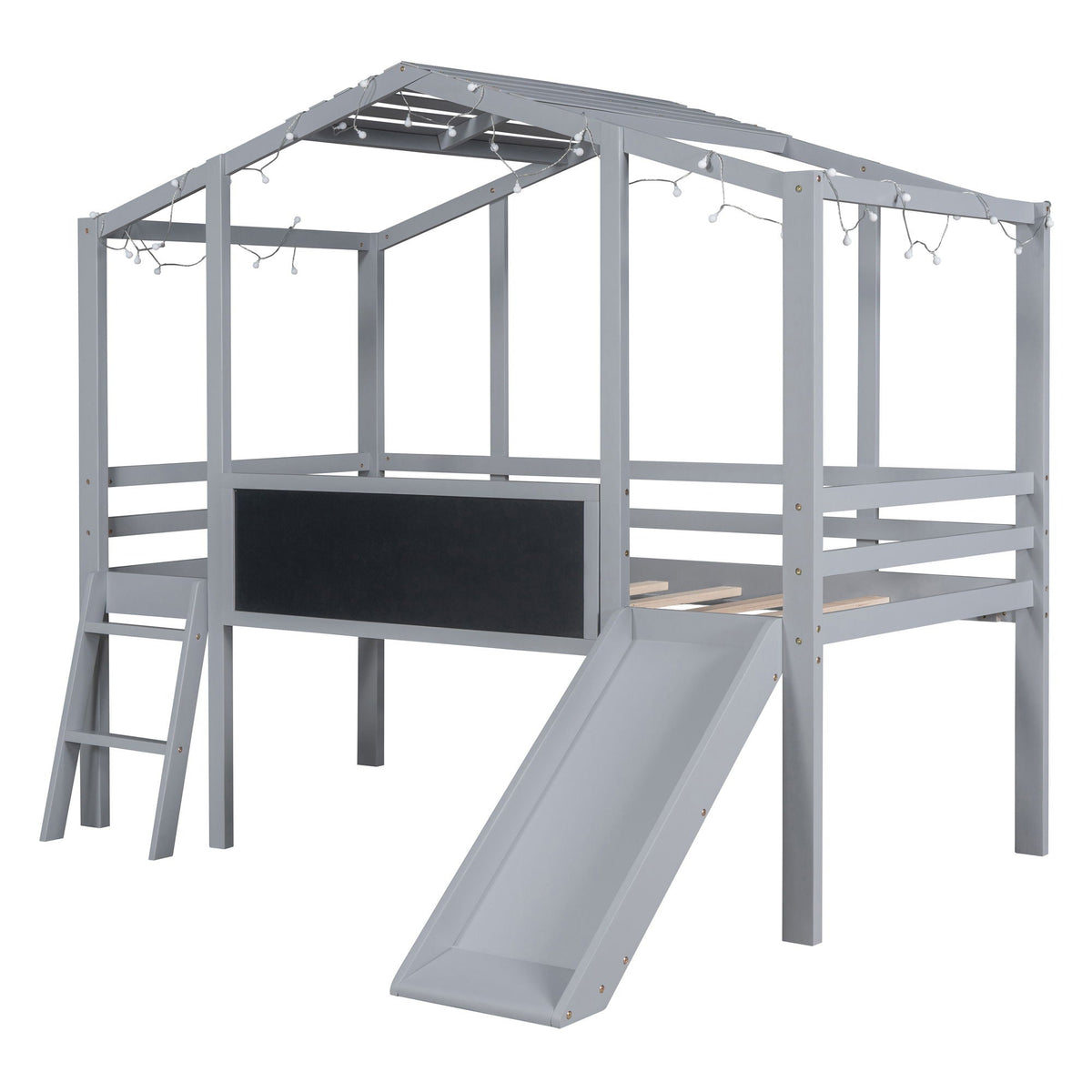Loft House Bed With Ladder And Slide, With board And Light Strip On The Roof