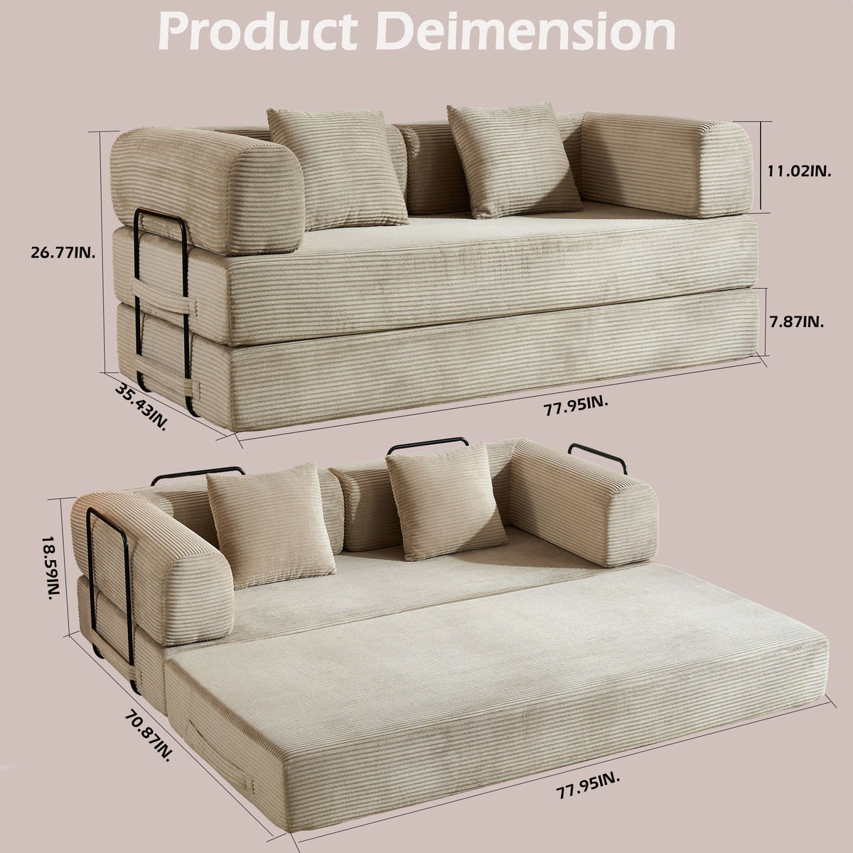 Convertible Sleeper Sofa Bed With Cylindrical Pillow, With Fixed Shape Frame