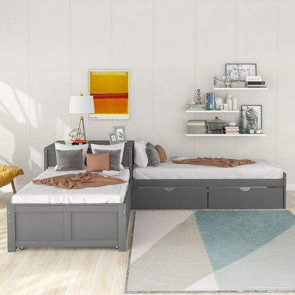 L Shaped Platform Bed With Trundle And Drawers Linked With Built In Desk