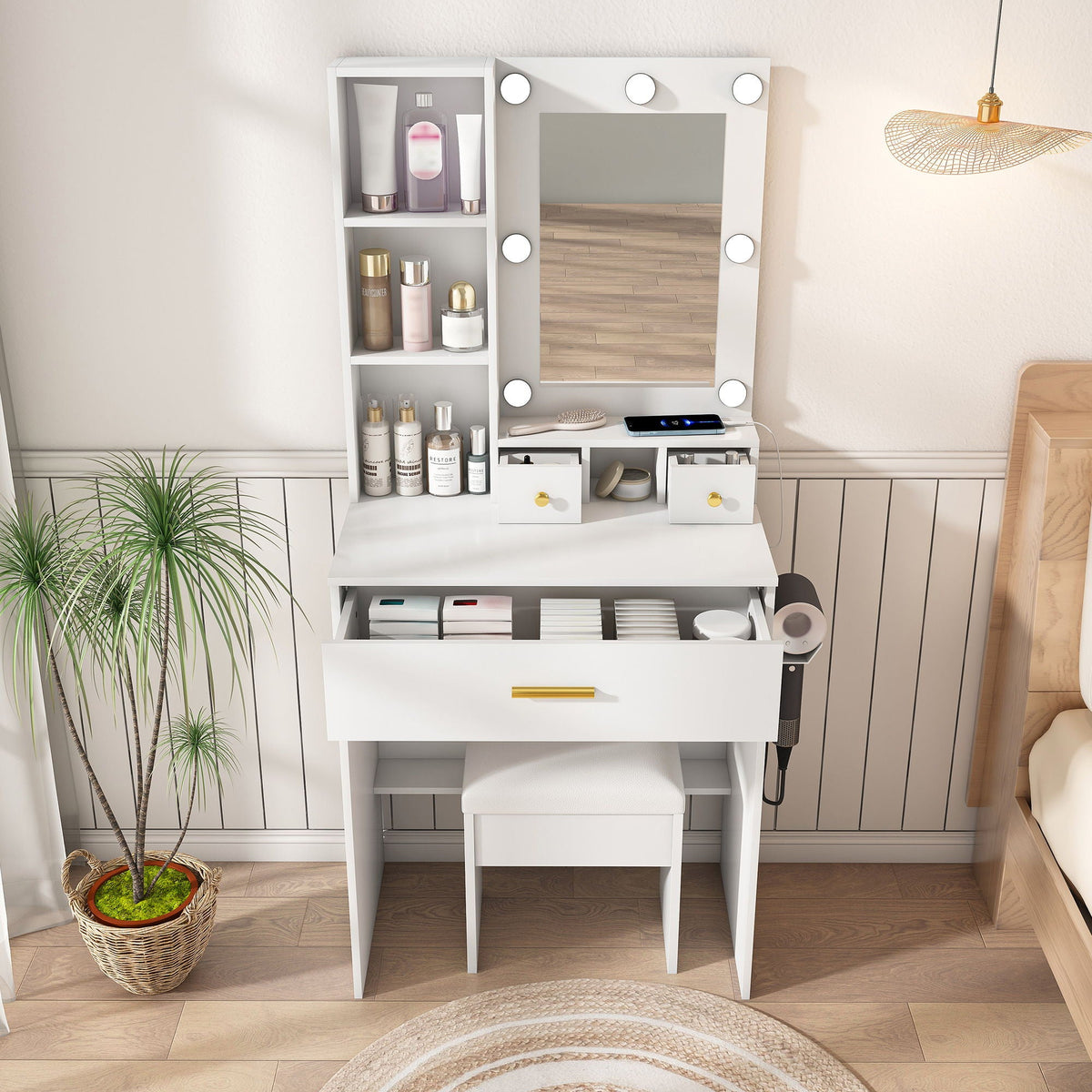 Vanity Table With Mirror, Adjustable LED Lights, Power Outlet, Hairdryer Holder & Stool