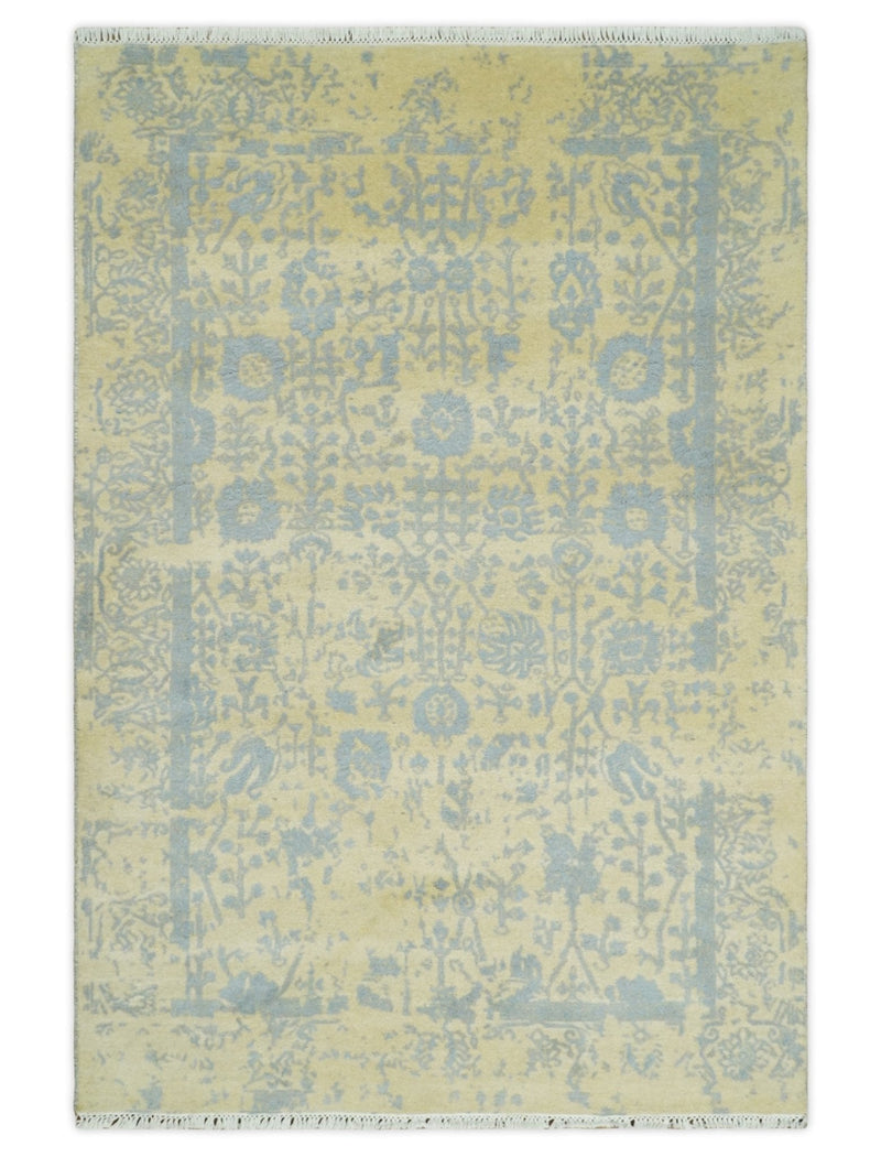 4x6 Fine Hand Knotted Gold and Silver Traditional Persian Style Antique Wool and Silk Rug