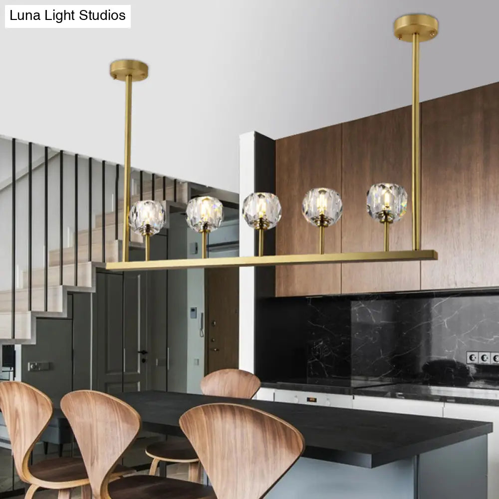 DecorBites™ 5-Head Linear Crystal Ball Pendant Light in Gold - Elegant Dining Room Ceiling Fixture