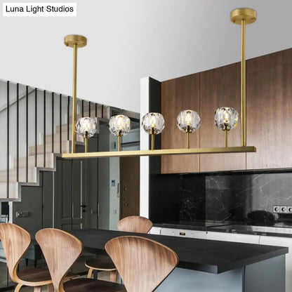 DecorBites™ 5-Head Linear Crystal Ball Pendant Light in Gold - Elegant Dining Room Ceiling Fixture