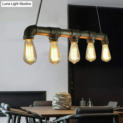 DecorBites™ 5-Head Steampunk Island Pendant Light with Straight Pipes and Rustic Charm