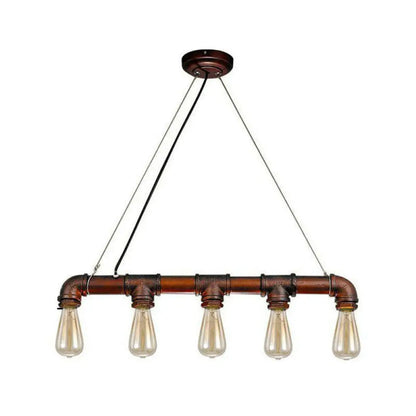 DecorBites™ 5-Head Steampunk Island Pendant Light with Straight Pipes and Rustic Charm