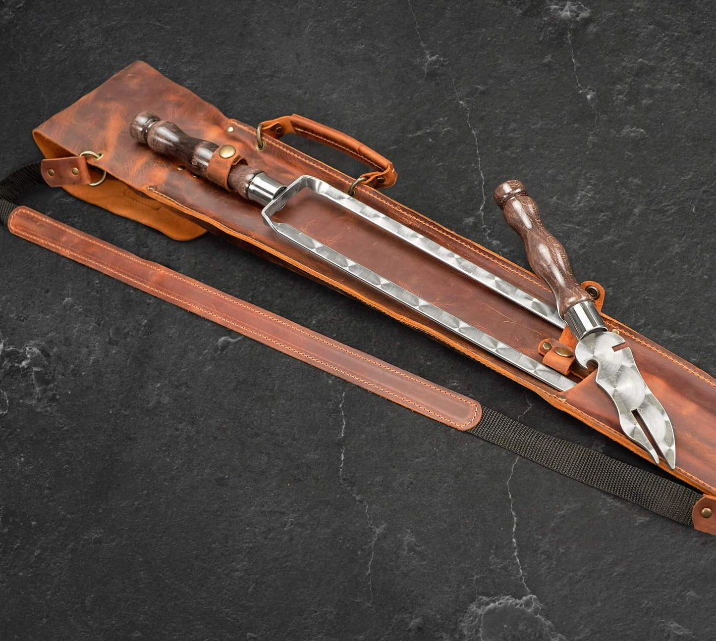 “Quiver Max" Camping Accessories BBQ Skewers Set  in a Leather Case, 9 items