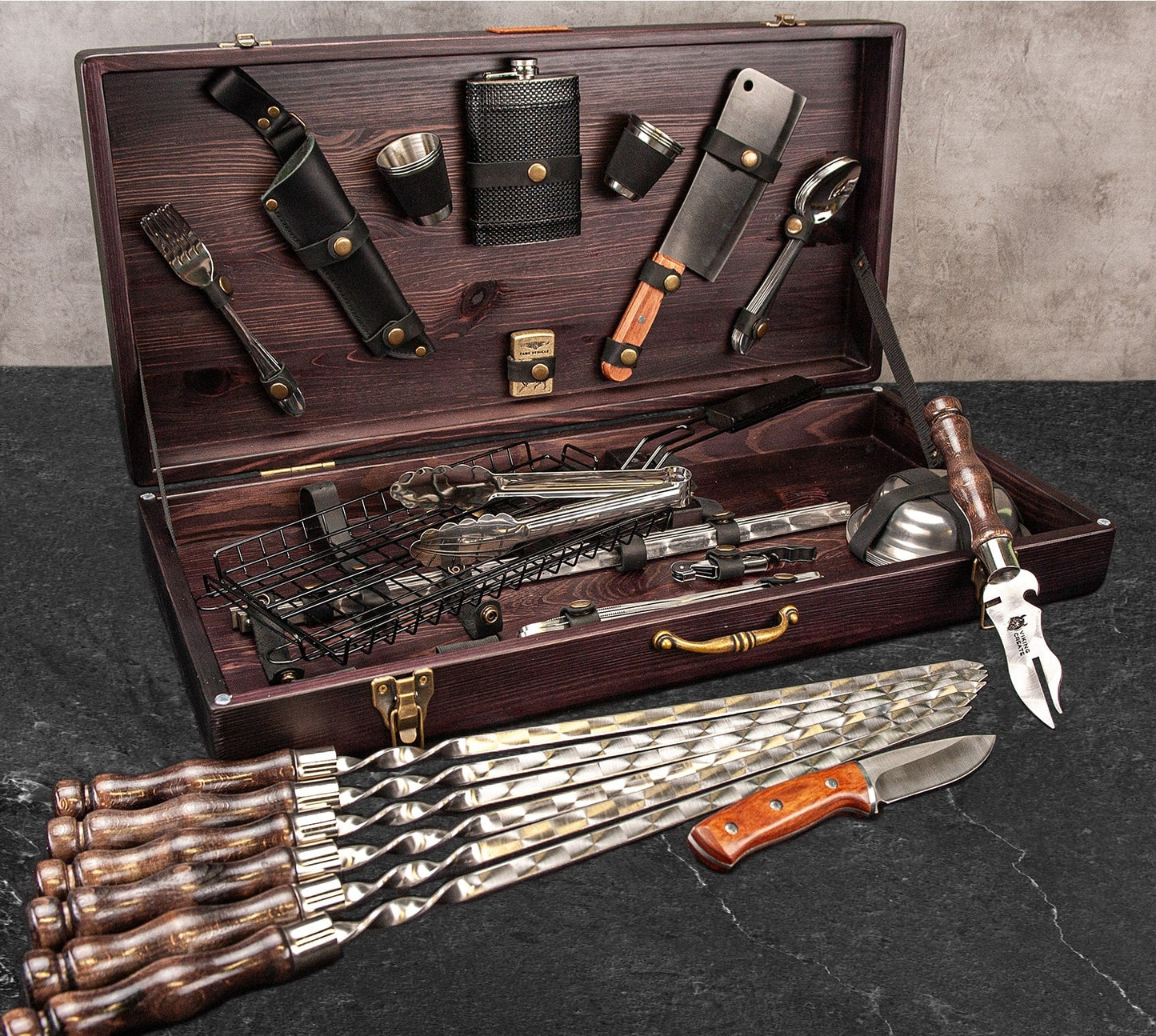 “Odin" Grilling Accessories BBQ Skewers Set  in a Wooden Case, 45 items