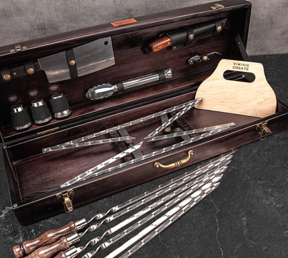 “Moose" Camping Accessories BBQ Skewers Set  in a Wooden Case, 18 items