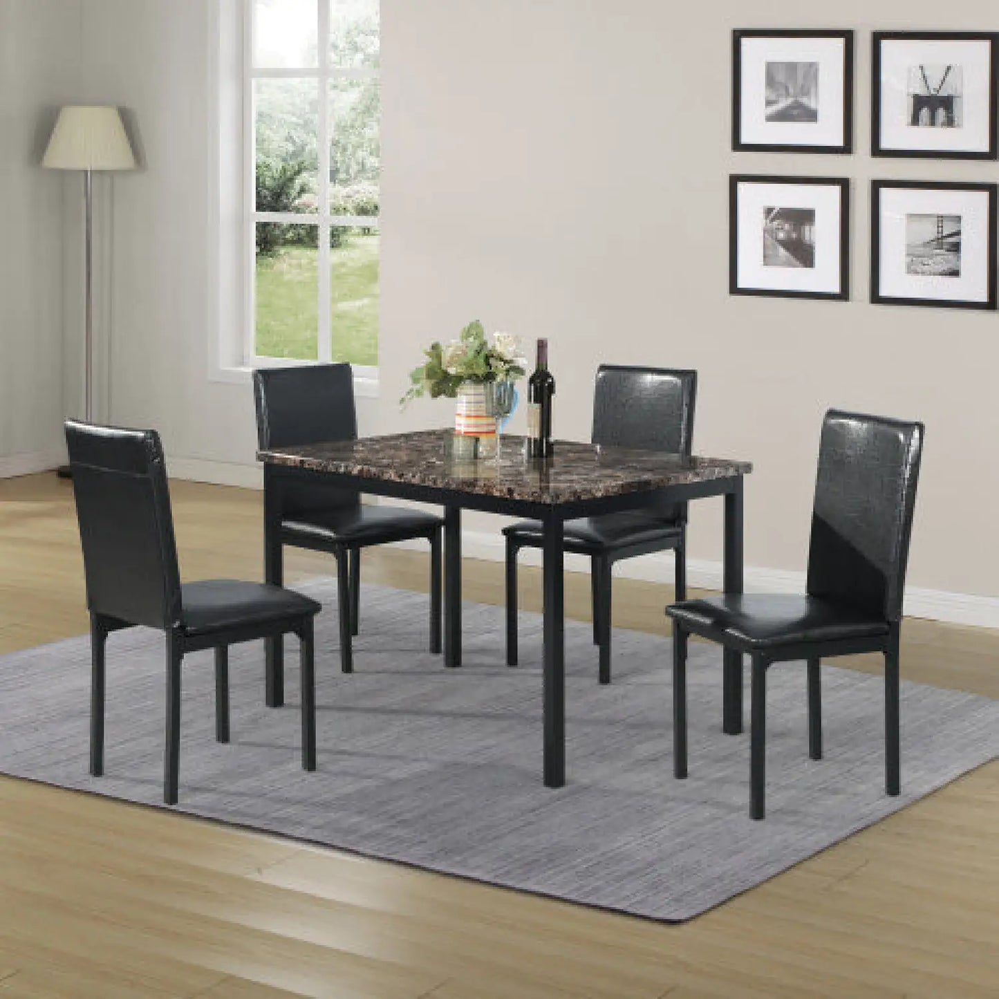 5-Piece Black Dining Table Set with Marble Style Top