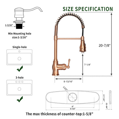 Copper Kitchen Faucet with Soap Dispenser, Single Handle Solid Brass High Arc Pull Down Sprayer Head Kitchen Sink Faucets with Deck Plate