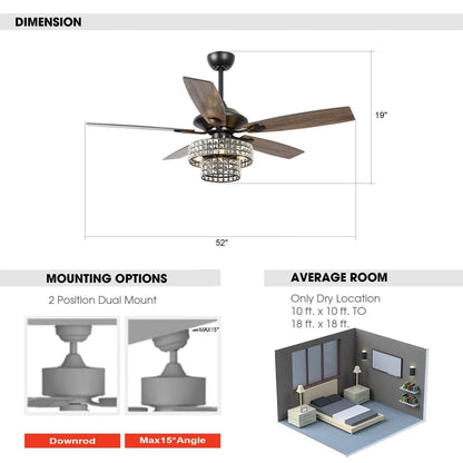 52" Nowthen Modern Crystal Chandelier Ceiling Fan with Led Light and Remote Control 5 Blades Chrome