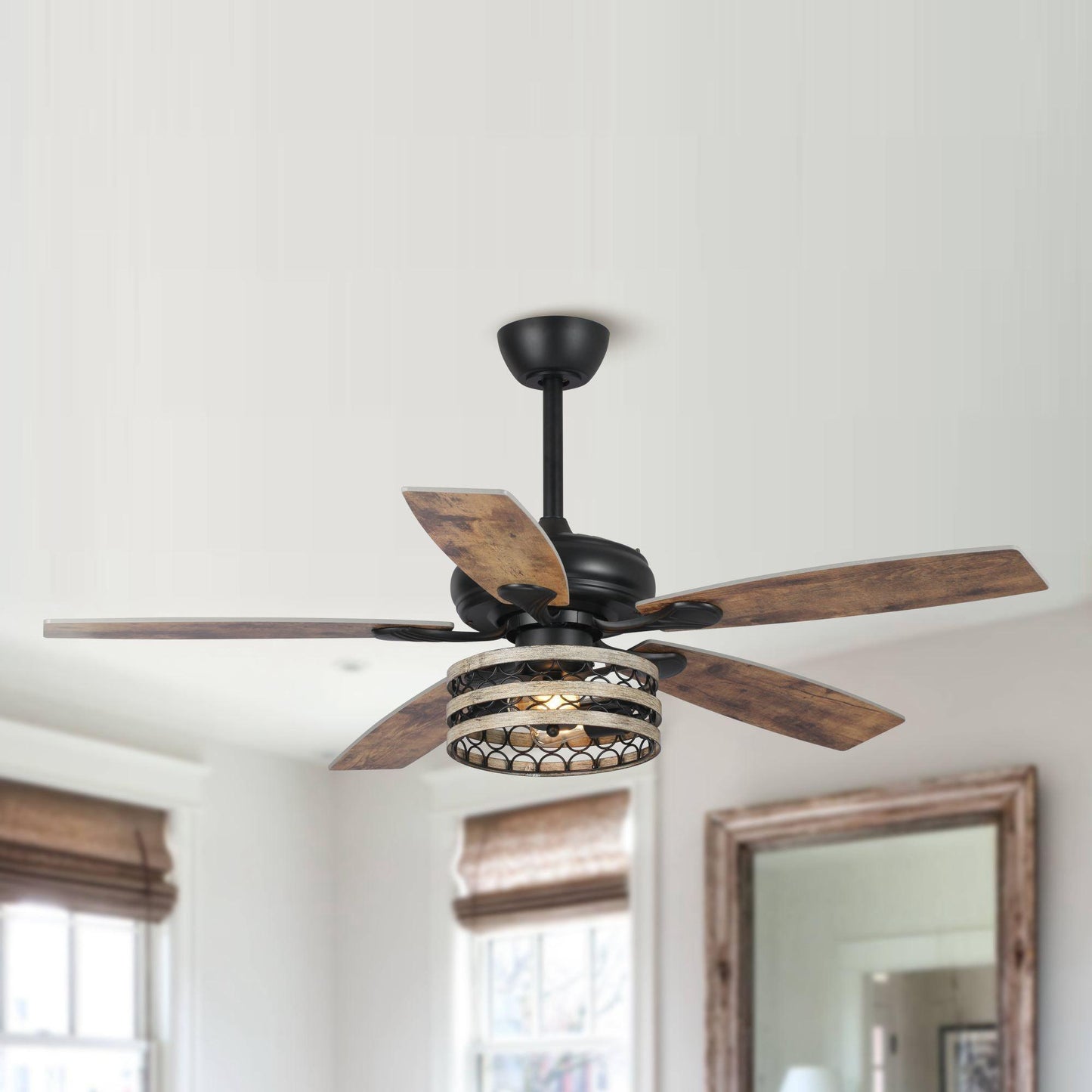 52" Matte Black Led Indoor Cage Ceiling Fan 5 Blade