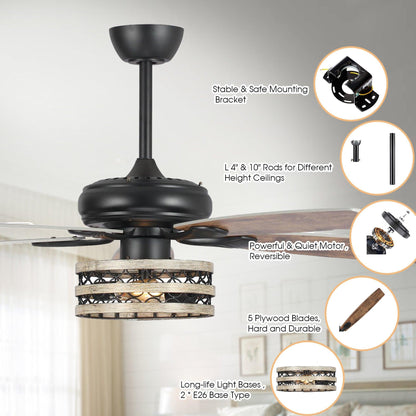 52" Matte Black Led Indoor Cage Ceiling Fan 5 Blade
