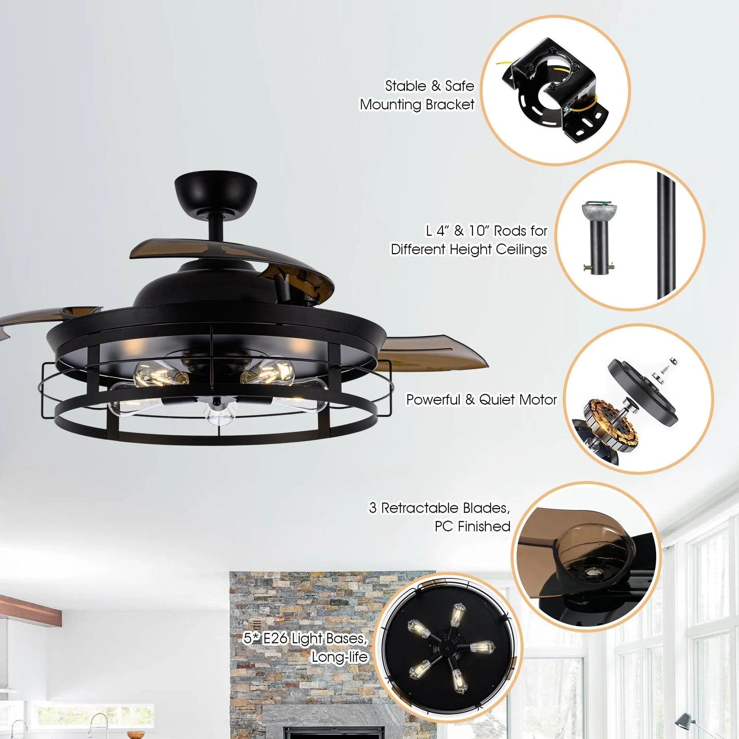 52" Industrial Downrod Mount Ceiling Fan with Lighting and Remote Control