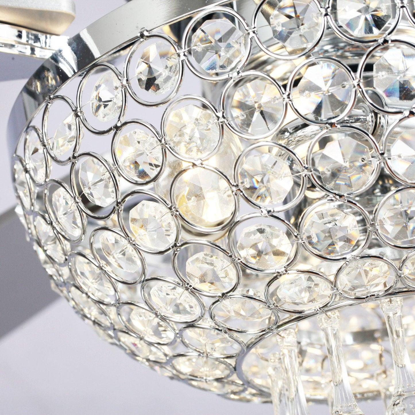 52" Modern Chrome Flush Mount Reversible Crystal Ceiling Fan With Lighting And Remote Control