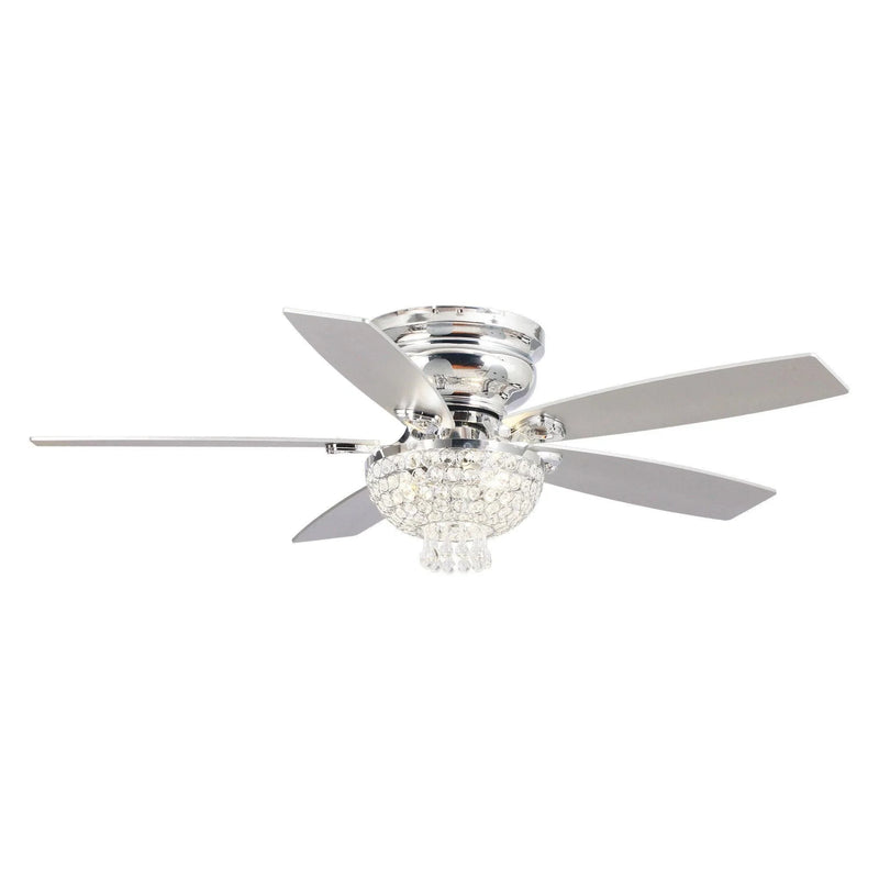 52" Modern Chrome Flush Mount Reversible Crystal Ceiling Fan with Lighting and Remote Control
