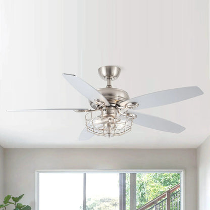 52" Kyla Industrial Caged Ceiling Fan with Light Remote Control Satin Nickel