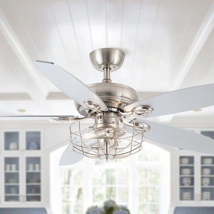 52" Kyla Industrial Caged Ceiling Fan with Light Remote Control Satin Nickel