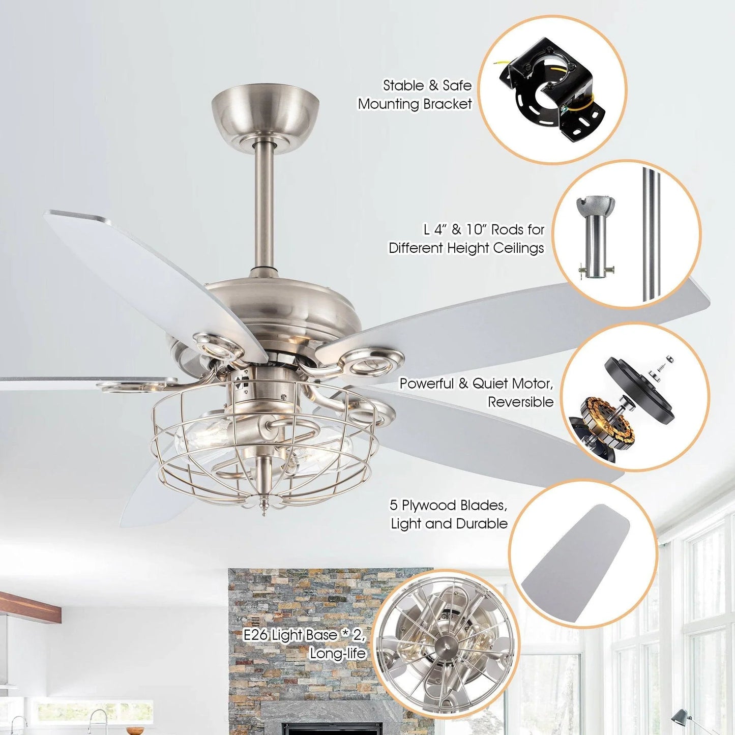 52" Kyla Industrial Caged Ceiling Fan with Light Remote Control Satin Nickel