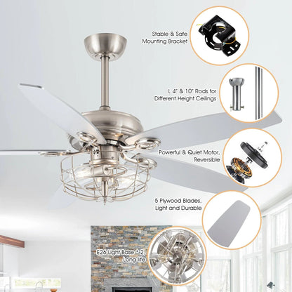 52" Kyla Industrial Caged Ceiling Fan with Light Remote Control Satin Nickel