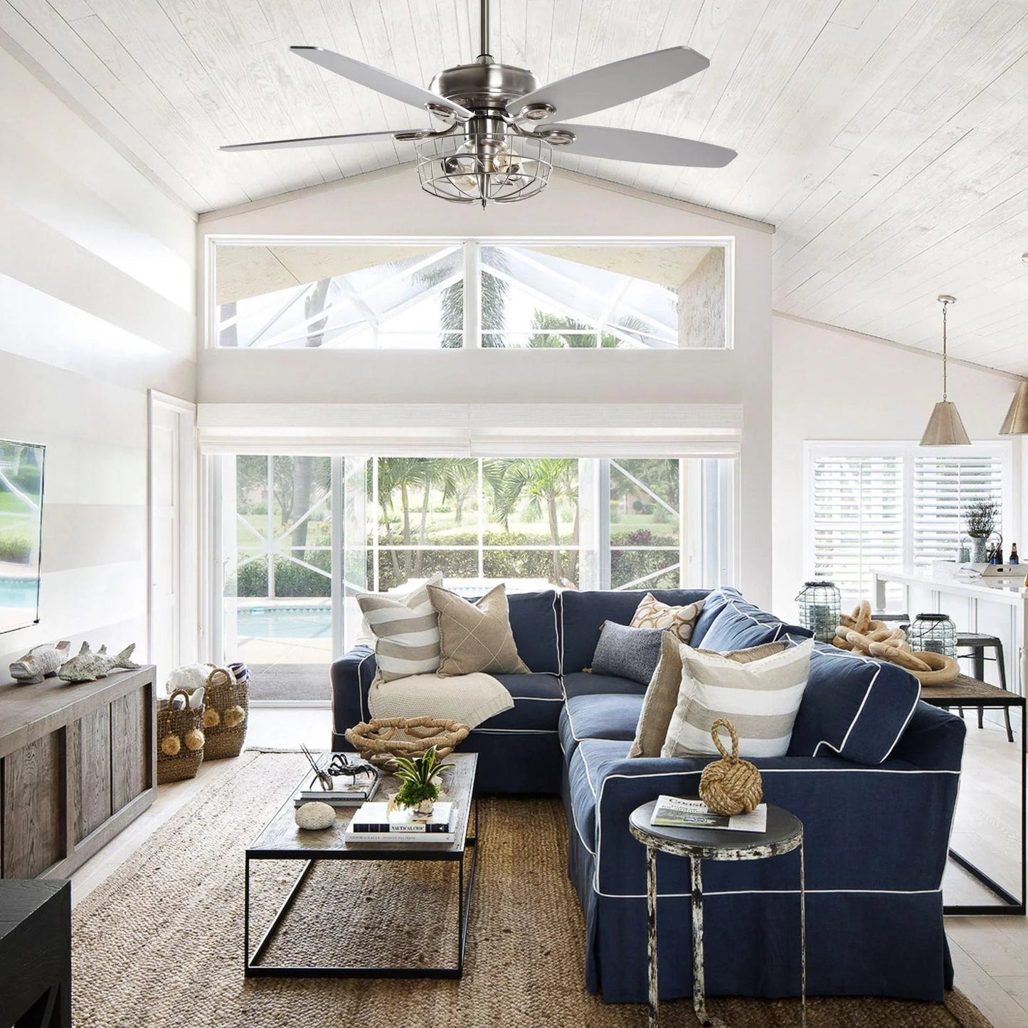 52" Kyla Industrial Caged Ceiling Fan with Light Remote Control Satin Nickel