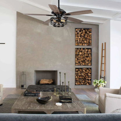 52" Paquette In Indoor Matte Black Industrial Ceiling Fan with Remote Control and Light Kit