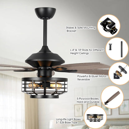 52" Paquette In Indoor Matte Black Industrial Ceiling Fan with Remote Control and Light Kit