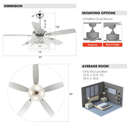 52" Tibuh Modern Crystal Chandelier Ceiling Fan With Led Light And Remote Control 5 Blades Chrome