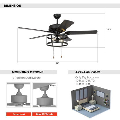 52" Urbana In Indoor Matte Black Industrial Ceiling Fan with Pull Chain and Light Kit