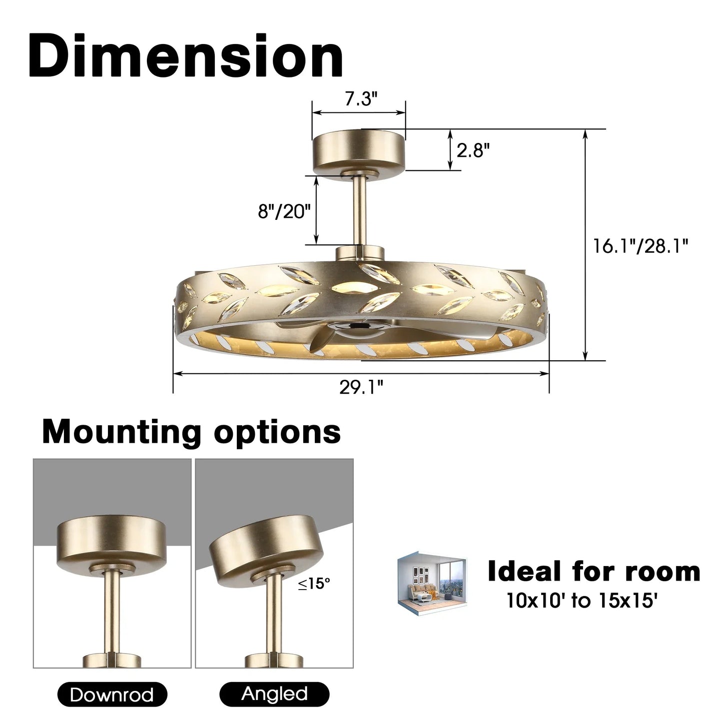 Perimost 29 Inch Antique Silver Downrod Mount Luxury Fandelier with Light and Remote Control