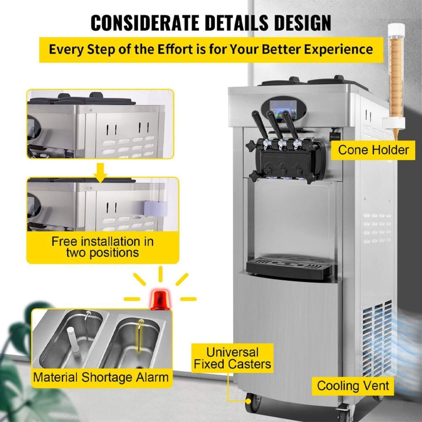 53" Freestanding 3-Flavors Commercial Soft Serve Yogurt Ice Cream Machine Maker With Auto Clean (SAK74031)