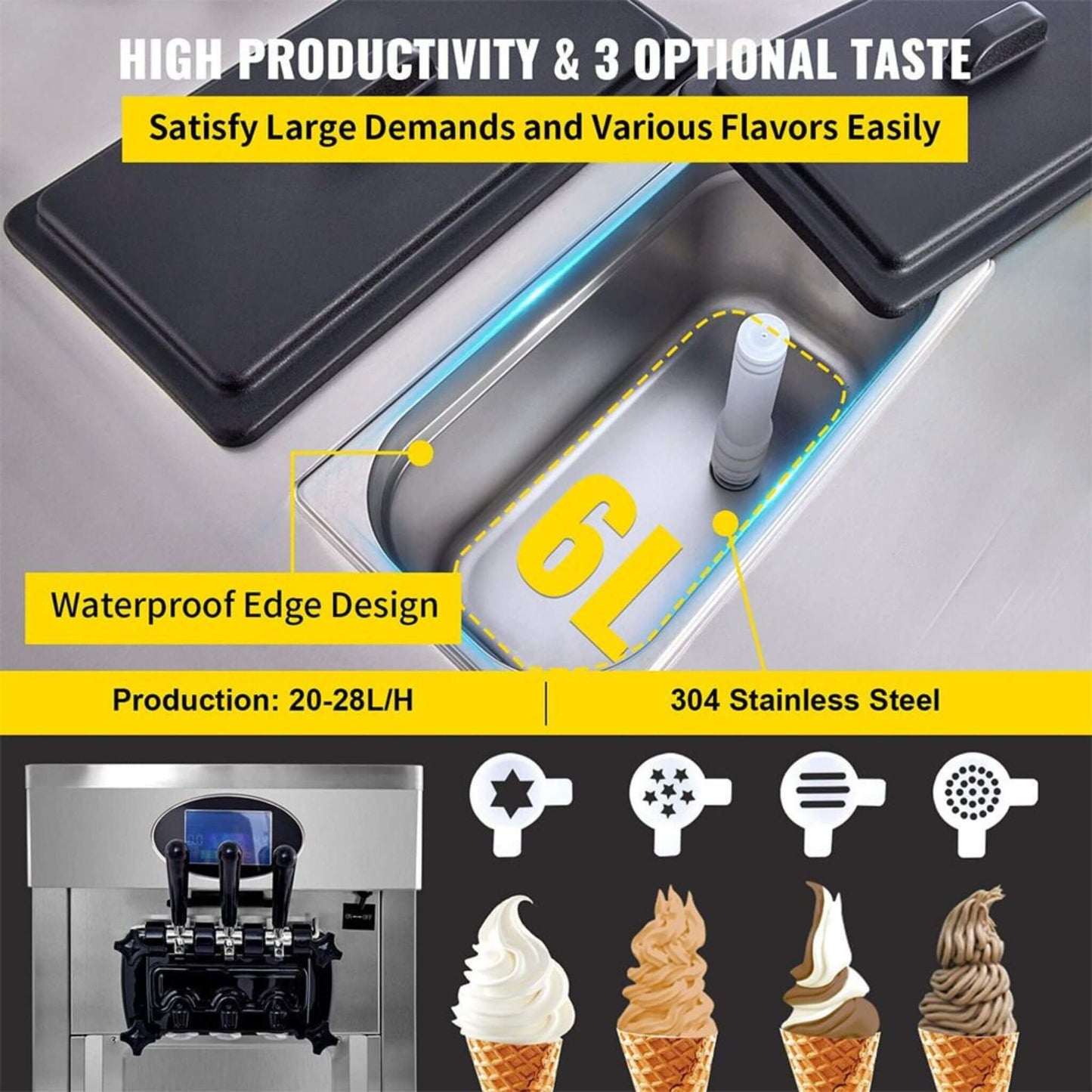 53" Freestanding 3-Flavors Commercial Soft Serve Yogurt Ice Cream Machine Maker With Auto Clean (SAK74031)