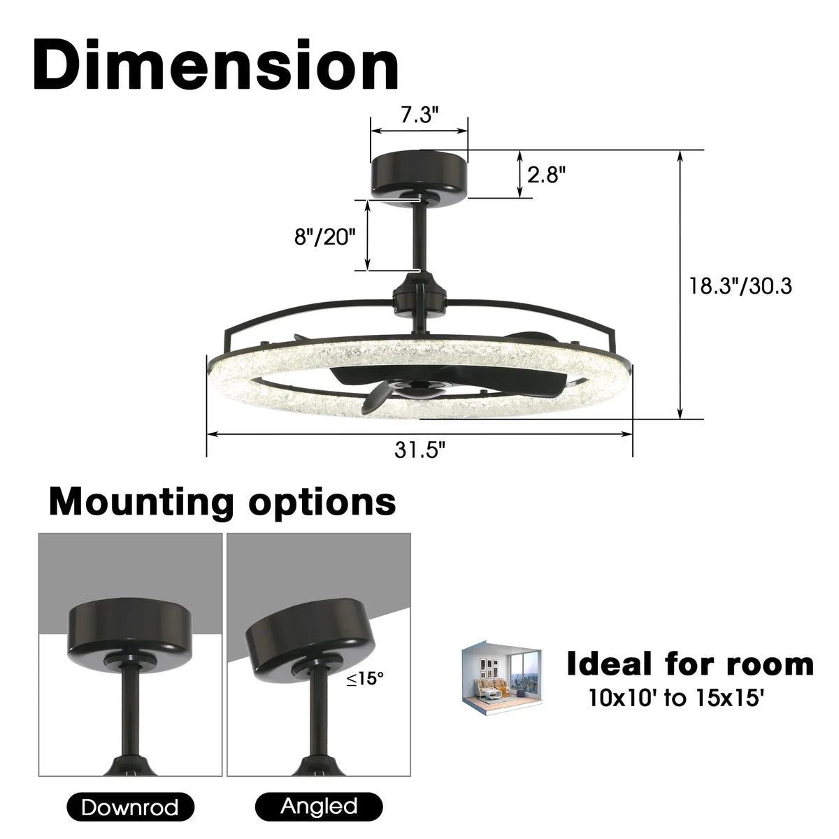 Perimost 32 Inch Black Downrod Mount Luxury Fandelier with Light and Remote Control