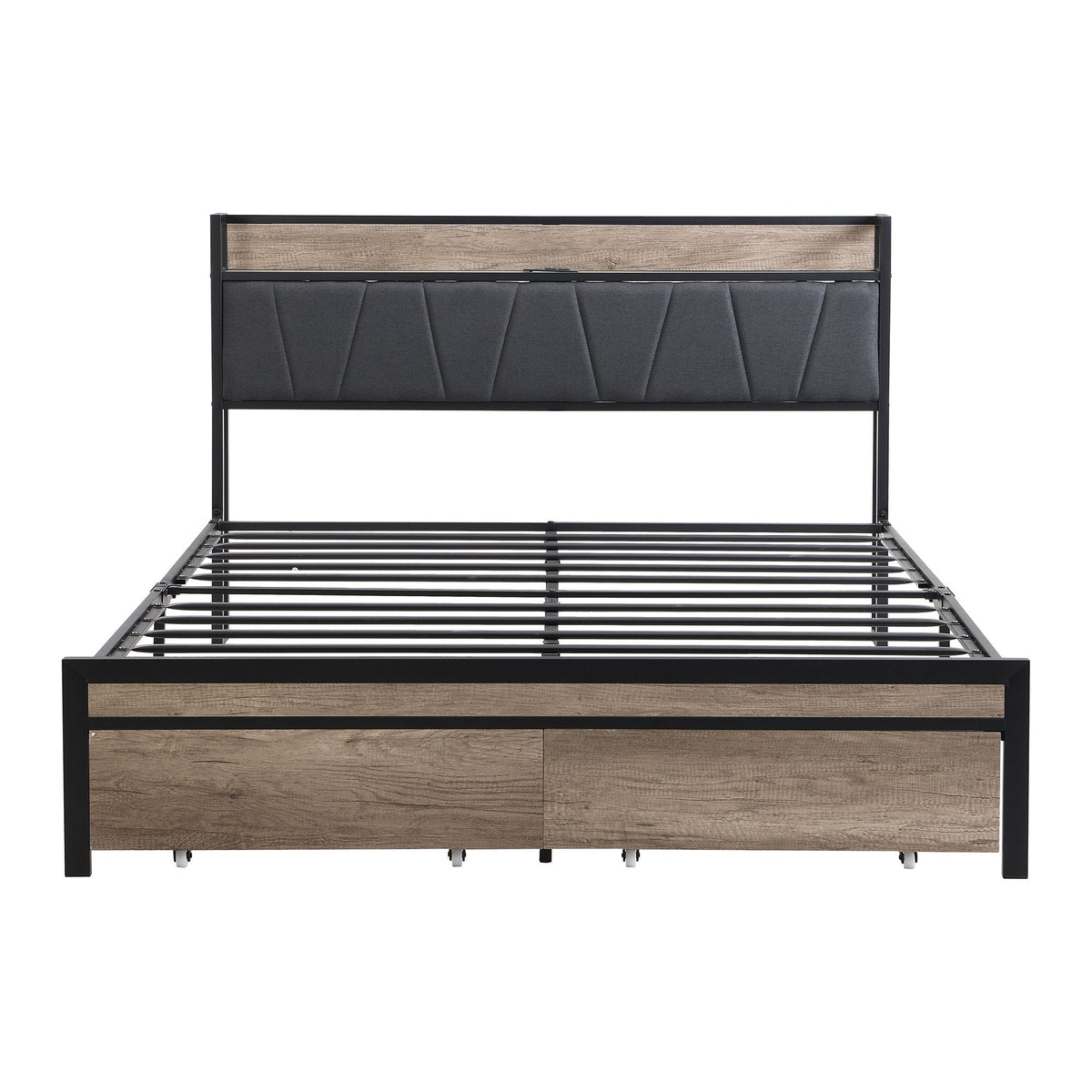 Modern Bed Frame With LED Lights, Upholstered Headboard, USB Charging