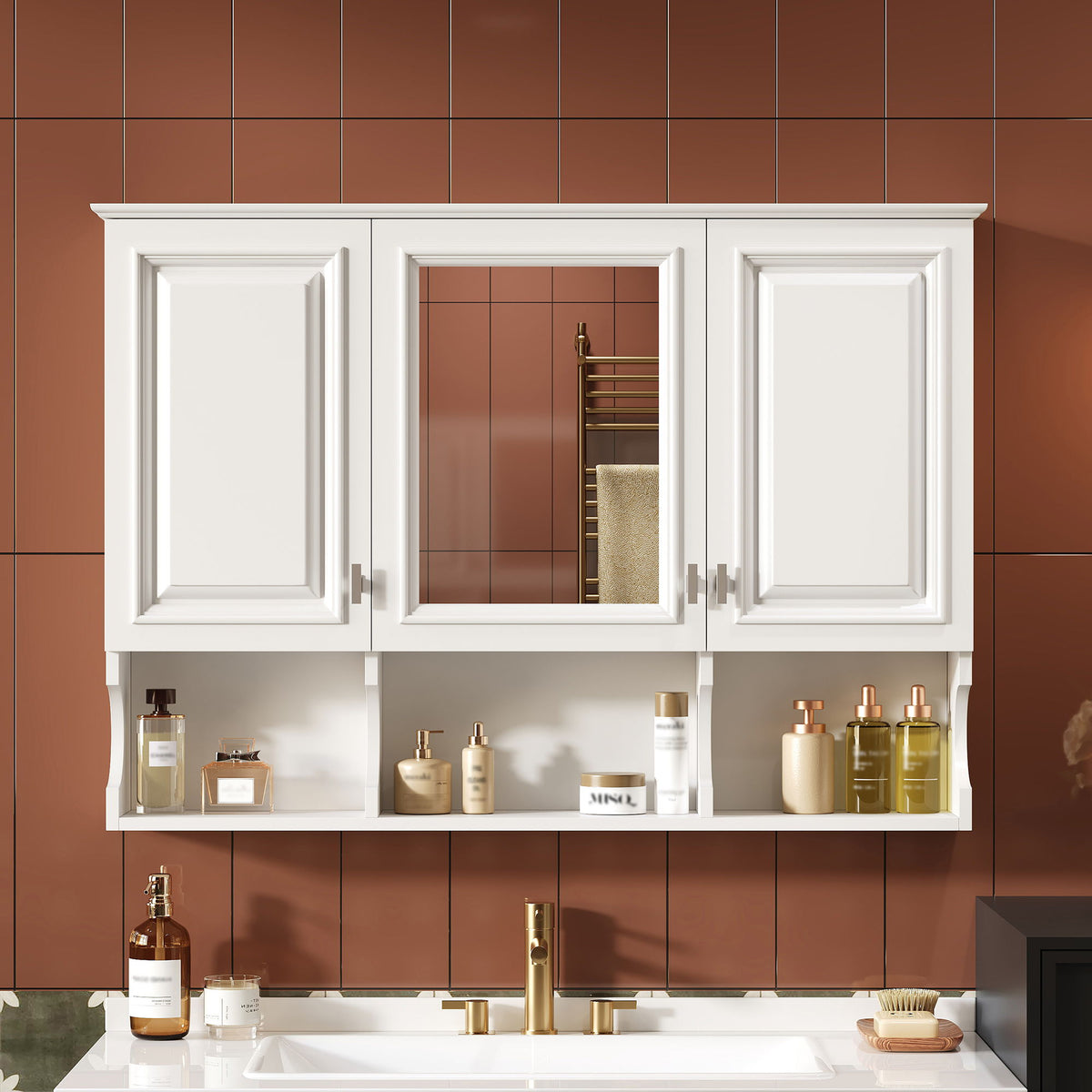 Modern Wall Mounted Mirror Medicine Cabinet With Open Shelves, Adjustable Interior, Storage Over Toilet