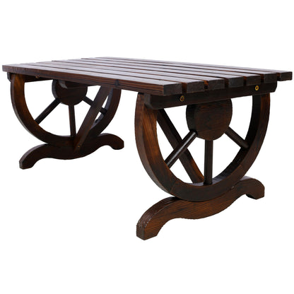 Rustic Wooden Bench With Wagon Wheel Legs For Garden And Patio - Brown