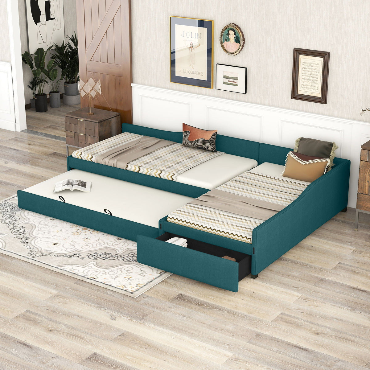 Upholstered Double Daybed With Trundle And Drawer