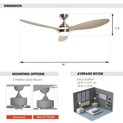 56" Bernardino Indoor Brushed Nickel Downrod Mount Chandelier Ceiling Fan with Light Kit And Remote Control